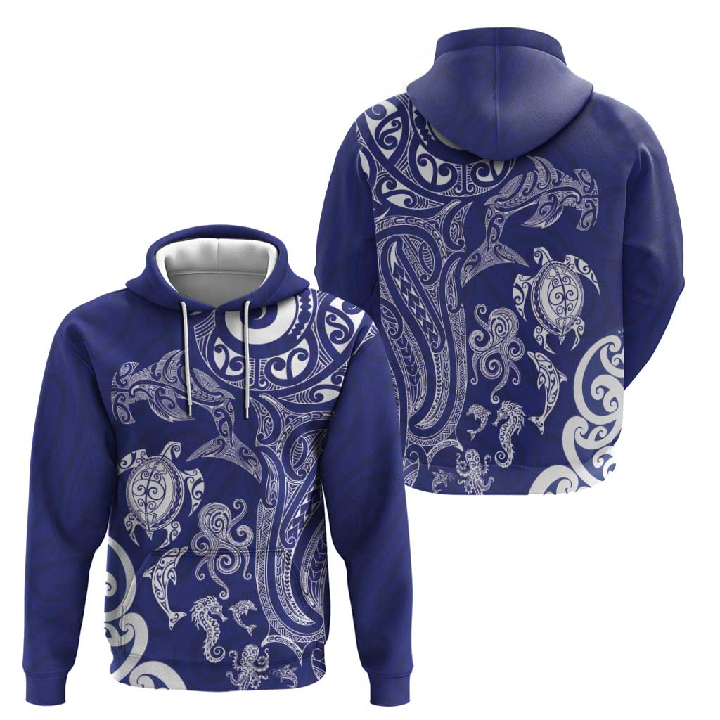 New Zealand Sea Animals with Maori Tribal Tattoo Zip Hoodie Blue Color