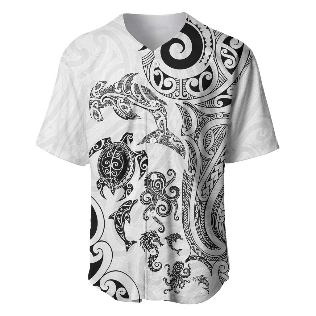 New Zealand Sea Animals with Maori Tribal Tattoo Baseball Jersey White Color LT03 White - Polynesian Pride