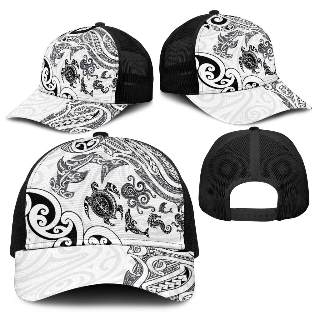 New Zealand Sea Animals with Maori Tribal Tattoo Baseball Net Cap White Color
