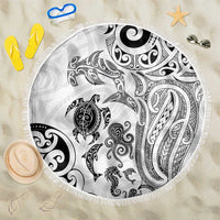 New Zealand Sea Animals with Maori Tribal Tattoo Beach Blanket White Color