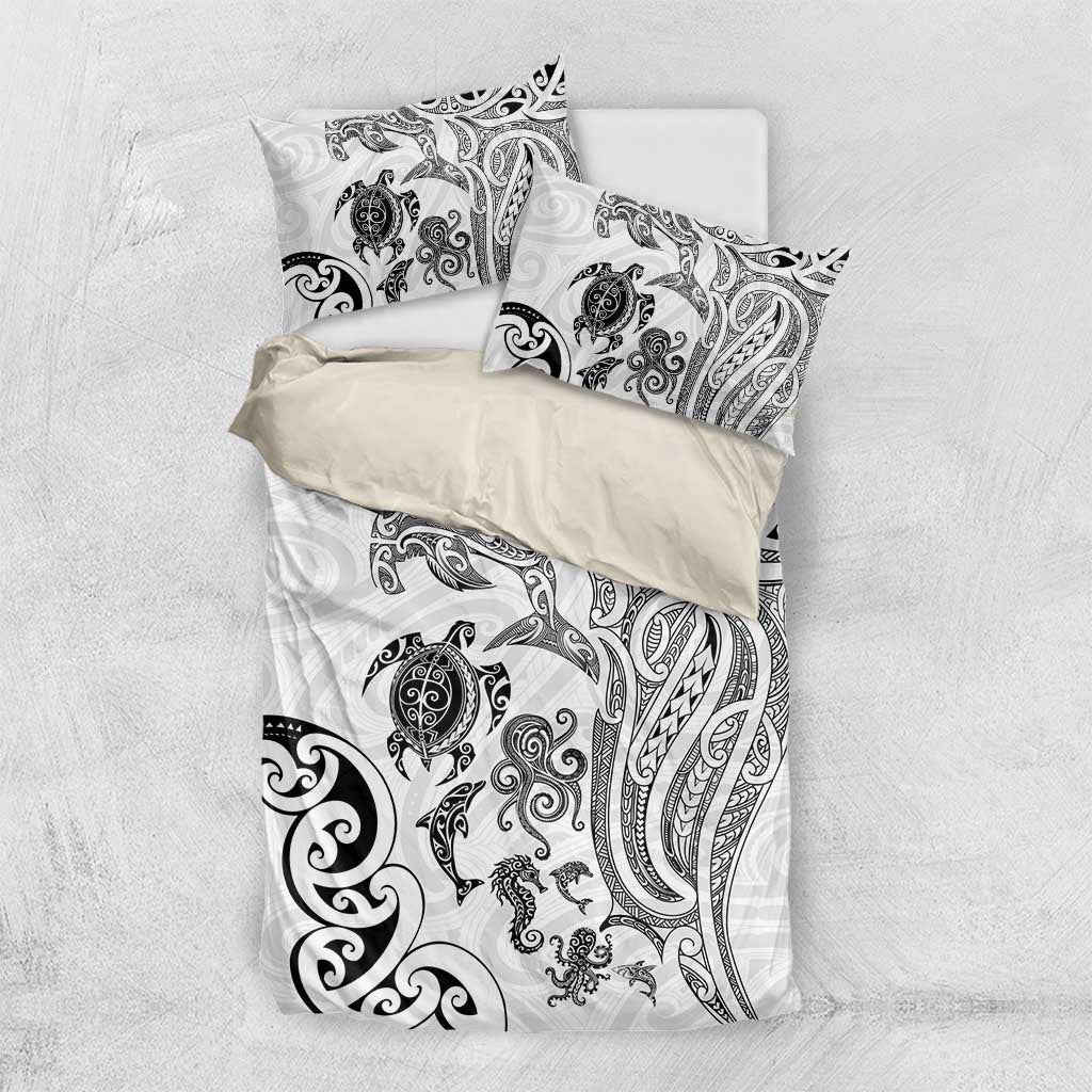 New Zealand Sea Animals with Maori Tribal Tattoo Bedding Set White Color