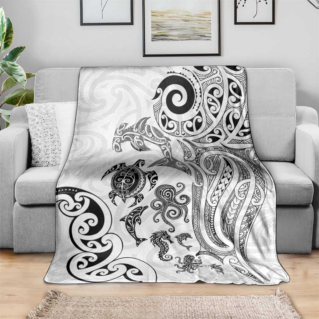 New Zealand Sea Animals with Maori Tribal Tattoo Blanket White Color