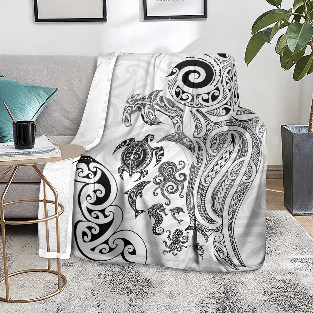 New Zealand Sea Animals with Maori Tribal Tattoo Blanket White Color