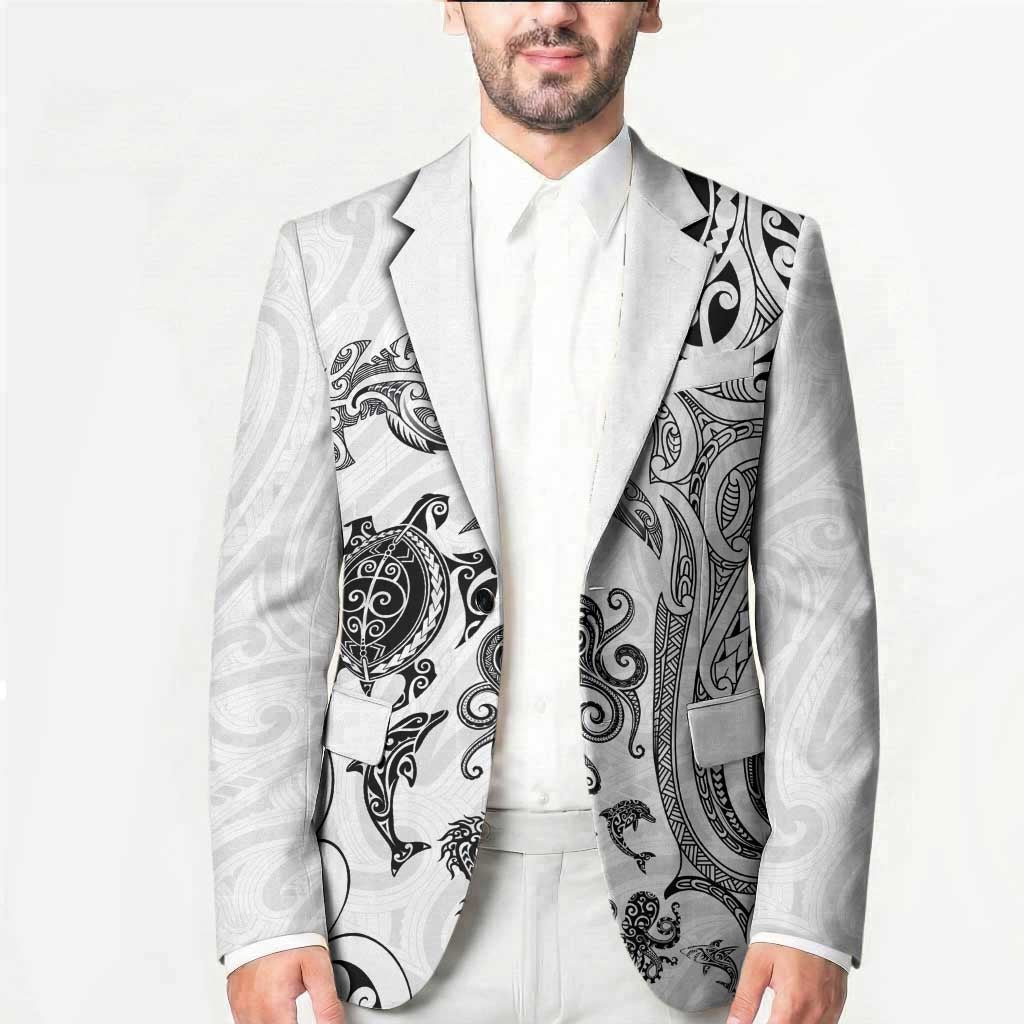 New Zealand Sea Animals with Maori Tribal Tattoo Blazer White Color