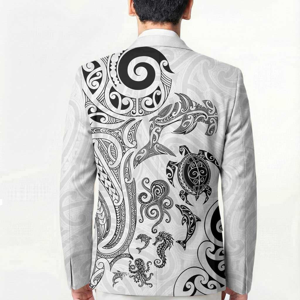 New Zealand Sea Animals with Maori Tribal Tattoo Blazer White Color