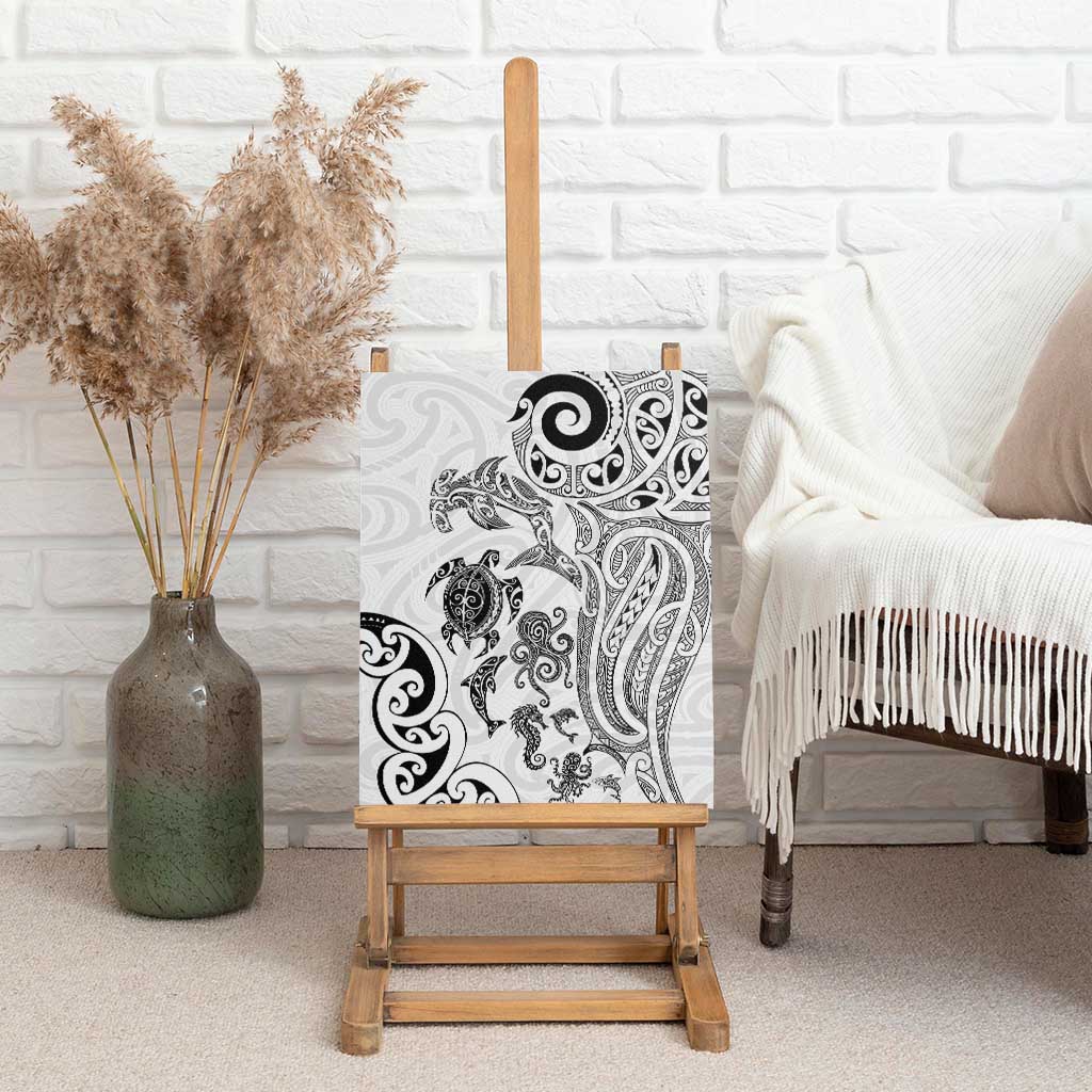 New Zealand Sea Animals with Maori Tribal Tattoo Canvas Wall Art White Color LT03 - Polynesian Pride
