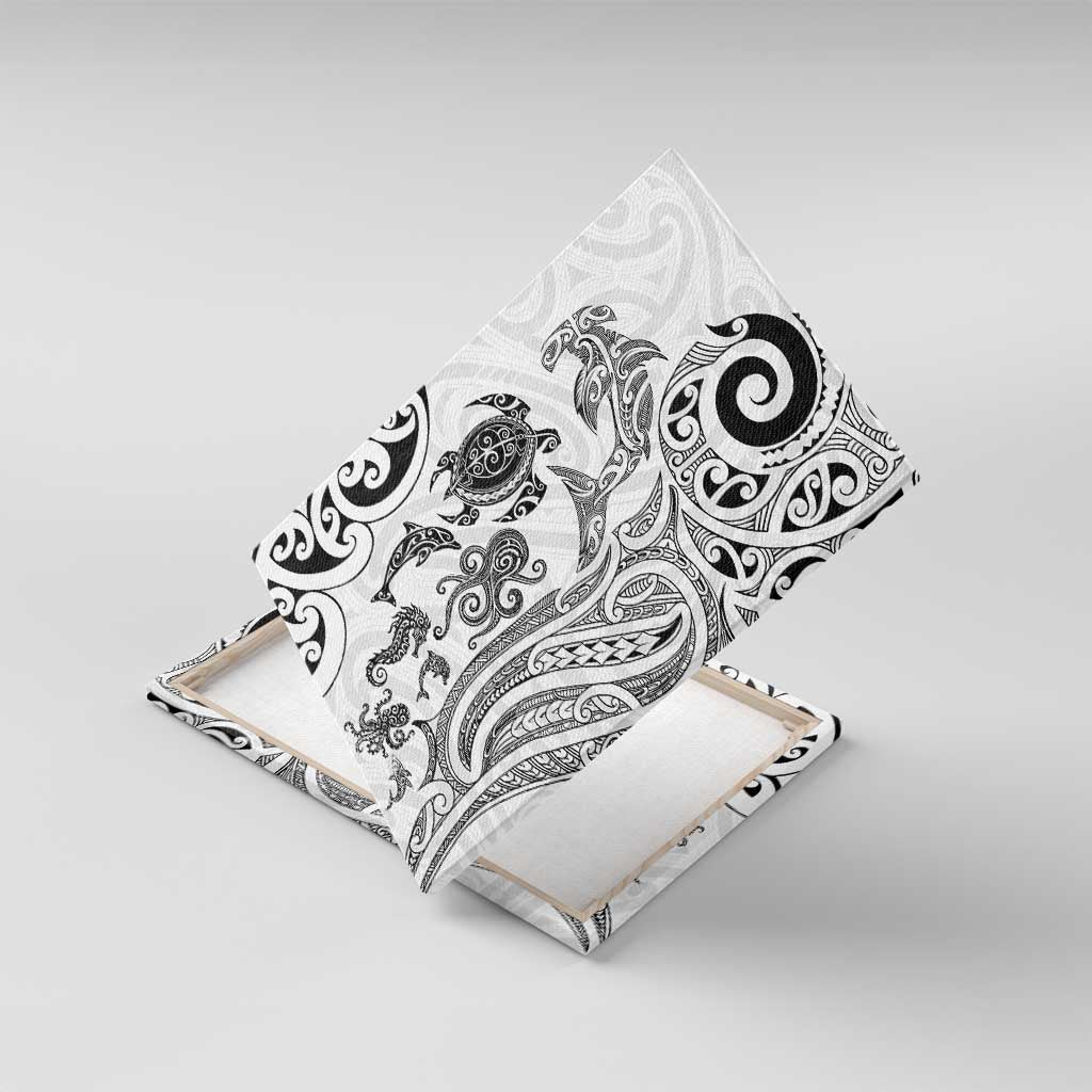 New Zealand Sea Animals with Maori Tribal Tattoo Canvas Wall Art White Color LT03 With Frame White - Polynesian Pride