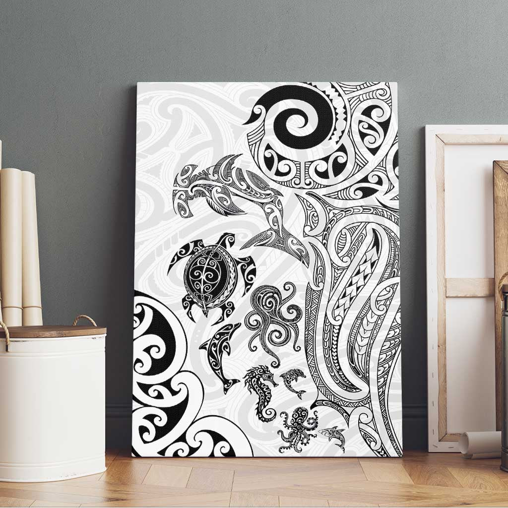 New Zealand Sea Animals with Maori Tribal Tattoo Canvas Wall Art White Color LT03 - Polynesian Pride