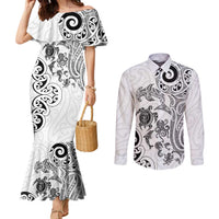New Zealand Sea Animals with Maori Tribal Tattoo Couples Matching Mermaid Dress and Long Sleeve Button Shirt White Color LT03 White - Polynesian Pride