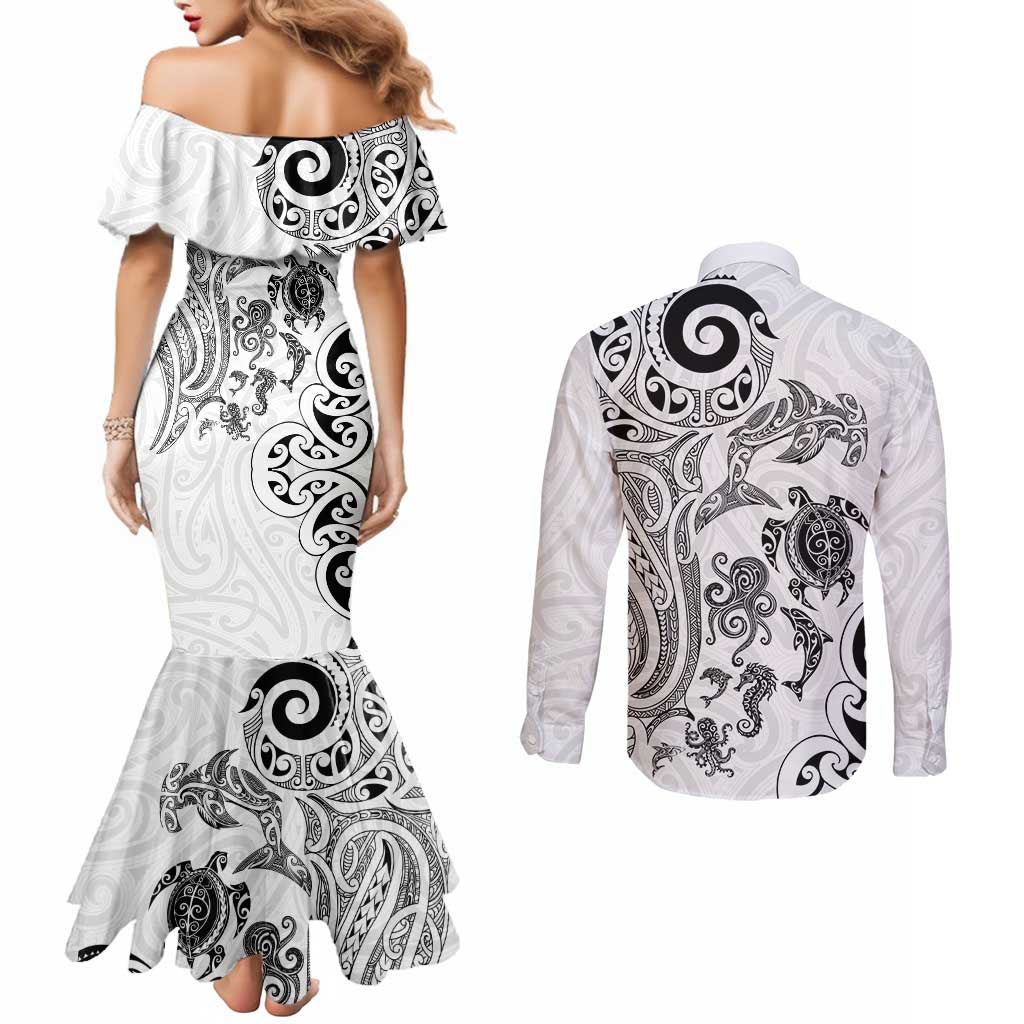 New Zealand Sea Animals with Maori Tribal Tattoo Couples Matching Mermaid Dress and Long Sleeve Button Shirt White Color LT03 - Polynesian Pride