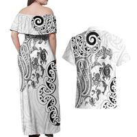 New Zealand Sea Animals with Maori Tribal Tattoo Couples Matching Off Shoulder Maxi Dress and Hawaiian Shirt White Color