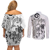 New Zealand Sea Animals with Maori Tribal Tattoo Couples Matching Off Shoulder Short Dress and Long Sleeve Button Shirt White Color