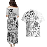 New Zealand Sea Animals with Maori Tribal Tattoo Couples Matching Puletasi and Hawaiian Shirt White Color