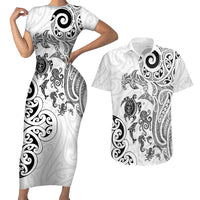 New Zealand Sea Animals with Maori Tribal Tattoo Couples Matching Short Sleeve Bodycon Dress and Hawaiian Shirt White Color LT03 White - Polynesian Pride