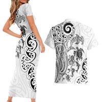 New Zealand Sea Animals with Maori Tribal Tattoo Couples Matching Short Sleeve Bodycon Dress and Hawaiian Shirt White Color LT03 - Polynesian Pride