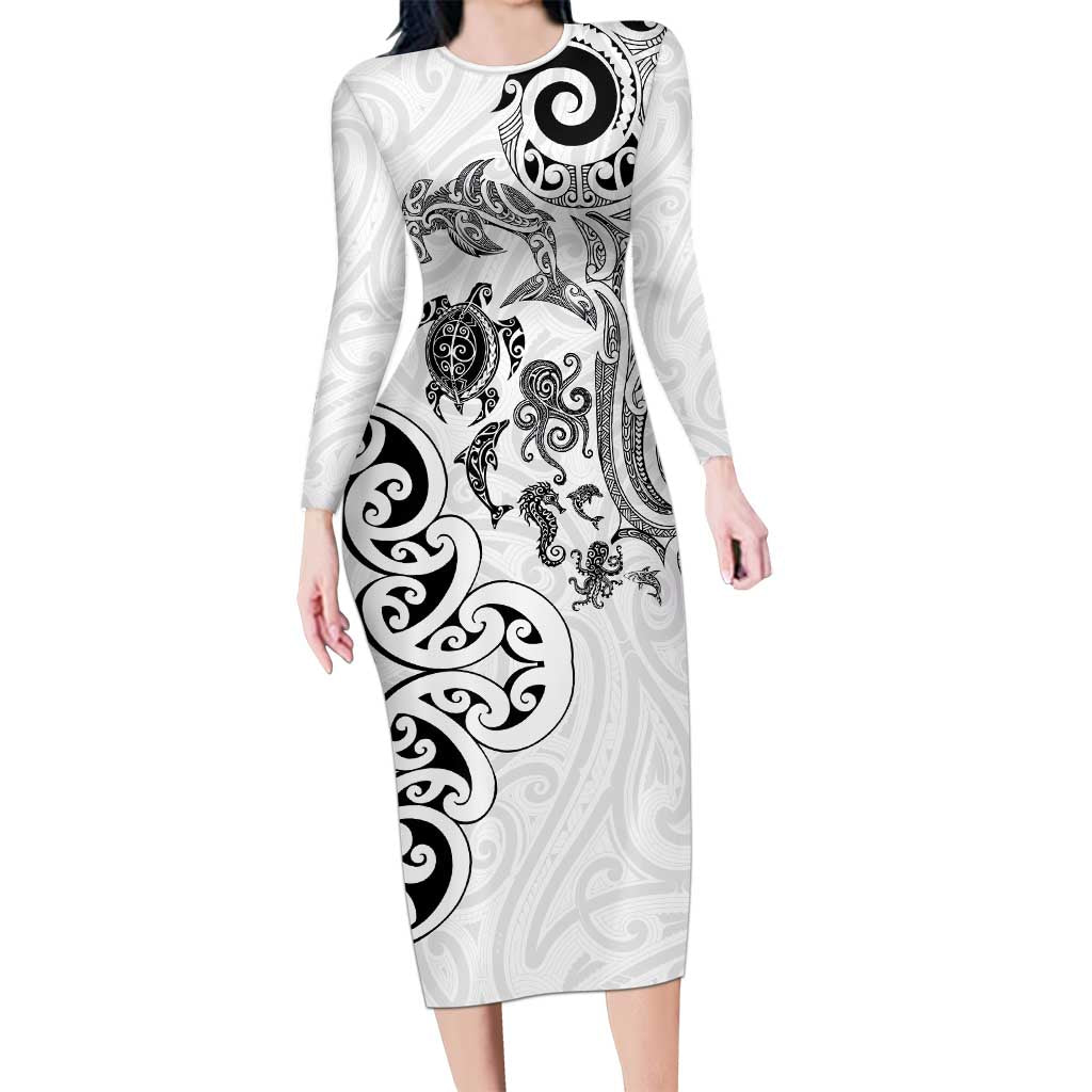 New Zealand Sea Animals with Maori Tribal Tattoo Family Matching Long Sleeve Bodycon Dress and Hawaiian Shirt White Color