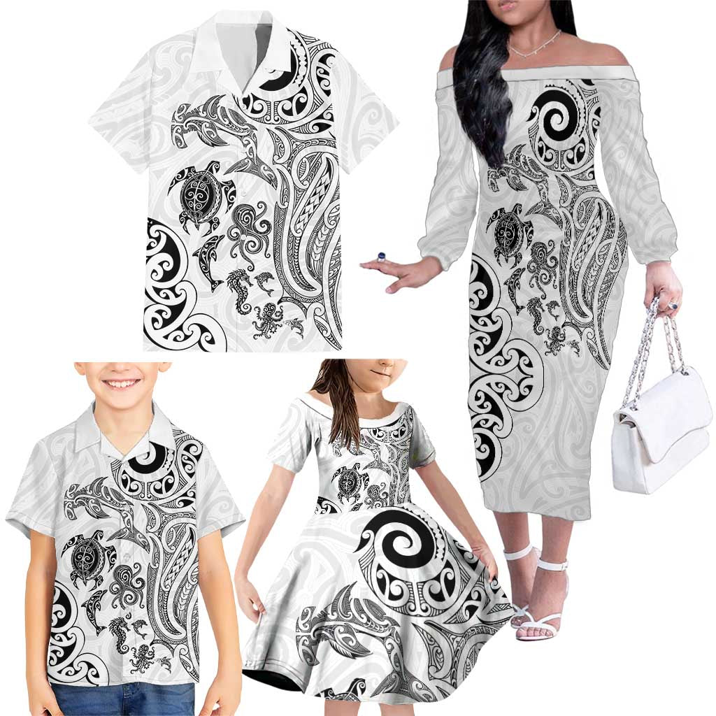 New Zealand Sea Animals with Maori Tribal Tattoo Family Matching Off The Shoulder Long Sleeve Dress and Hawaiian Shirt White Color