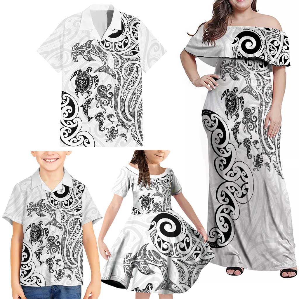New Zealand Sea Animals with Maori Tribal Tattoo Family Matching Off Shoulder Maxi Dress and Hawaiian Shirt White Color LT03 - Polynesian Pride