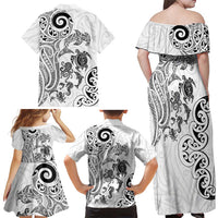 New Zealand Sea Animals with Maori Tribal Tattoo Family Matching Off Shoulder Maxi Dress and Hawaiian Shirt White Color LT03 - Polynesian Pride