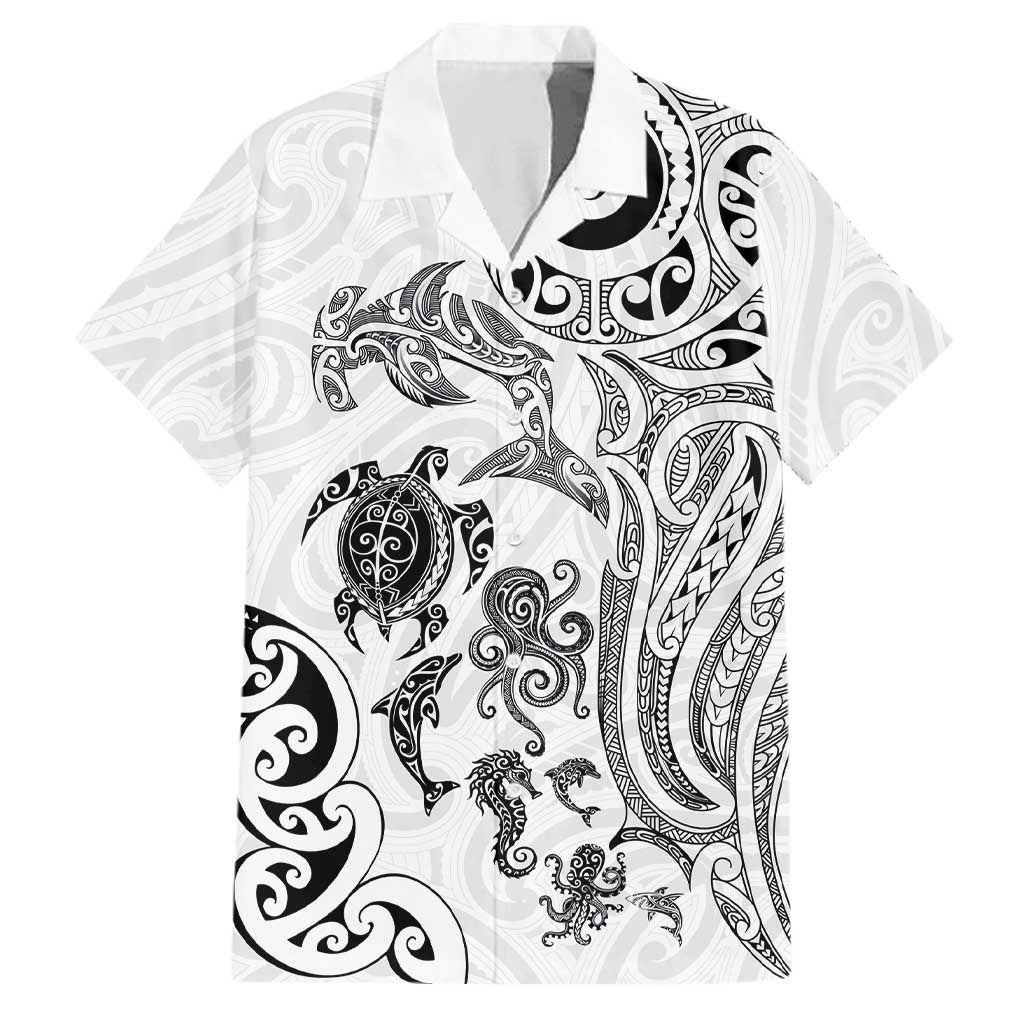 New Zealand Sea Animals with Maori Tribal Tattoo Family Matching Off Shoulder Maxi Dress and Hawaiian Shirt White Color LT03 Dad's Shirt - Short Sleeve White - Polynesian Pride