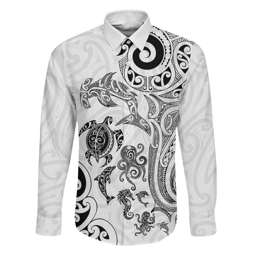 New Zealand Sea Animals with Maori Tribal Tattoo Family Matching Off Shoulder Maxi Dress and Hawaiian Shirt White Color LT03 Dad's Shirt - Long Sleeve White - Polynesian Pride