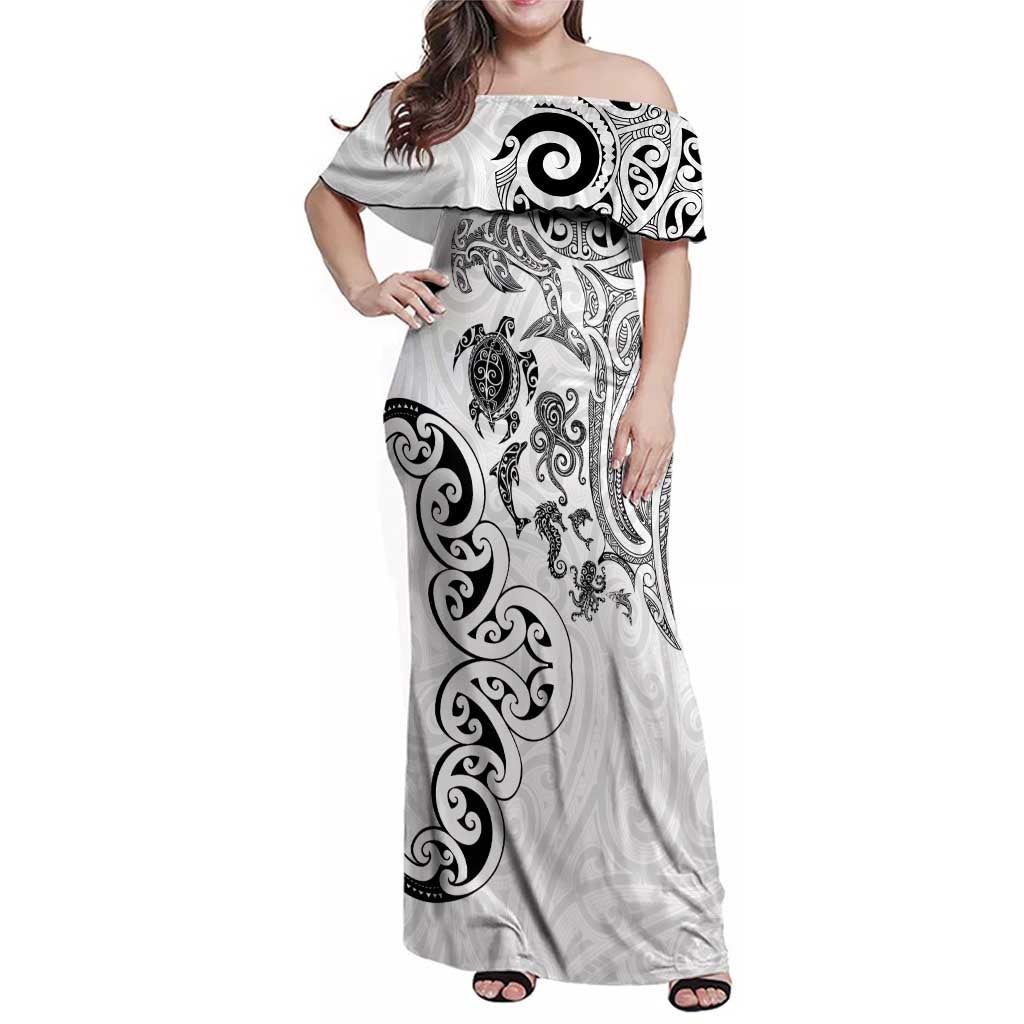 New Zealand Sea Animals with Maori Tribal Tattoo Family Matching Off Shoulder Maxi Dress and Hawaiian Shirt White Color LT03 Mom's Dress White - Polynesian Pride