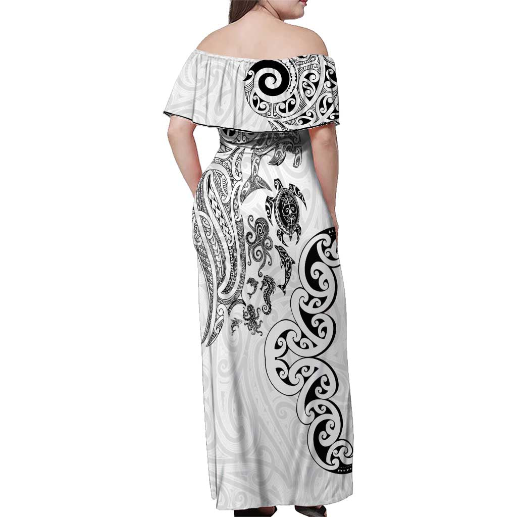 New Zealand Sea Animals with Maori Tribal Tattoo Family Matching Off Shoulder Maxi Dress and Hawaiian Shirt White Color LT03 - Polynesian Pride
