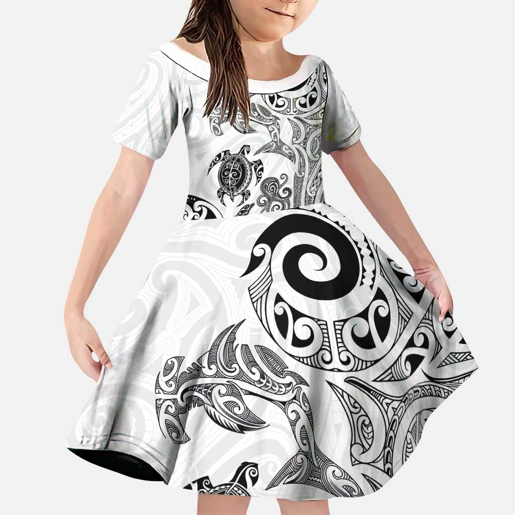 New Zealand Sea Animals with Maori Tribal Tattoo Family Matching Off Shoulder Short Dress and Hawaiian Shirt White Color LT03 Daughter's Dress White - Polynesian Pride