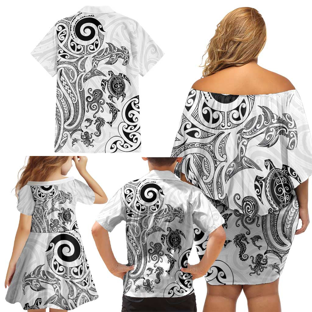 New Zealand Sea Animals with Maori Tribal Tattoo Family Matching Off Shoulder Short Dress and Hawaiian Shirt White Color LT03 - Polynesian Pride