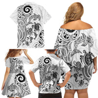 New Zealand Sea Animals with Maori Tribal Tattoo Family Matching Off Shoulder Short Dress and Hawaiian Shirt White Color LT03 - Polynesian Pride