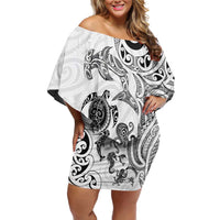 New Zealand Sea Animals with Maori Tribal Tattoo Family Matching Off Shoulder Short Dress and Hawaiian Shirt White Color LT03 Mom's Dress White - Polynesian Pride