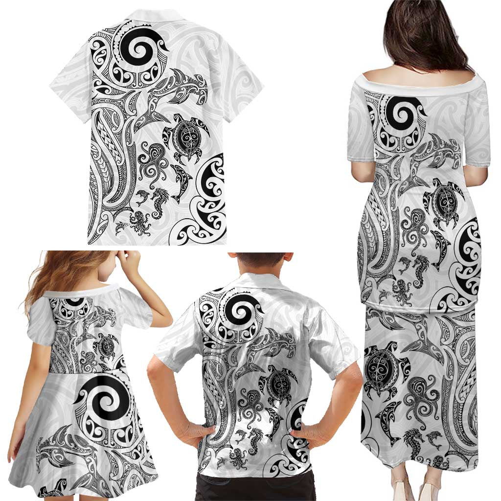 New Zealand Sea Animals with Maori Tribal Tattoo Family Matching Puletasi and Hawaiian Shirt White Color