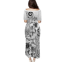 New Zealand Sea Animals with Maori Tribal Tattoo Family Matching Puletasi and Hawaiian Shirt White Color