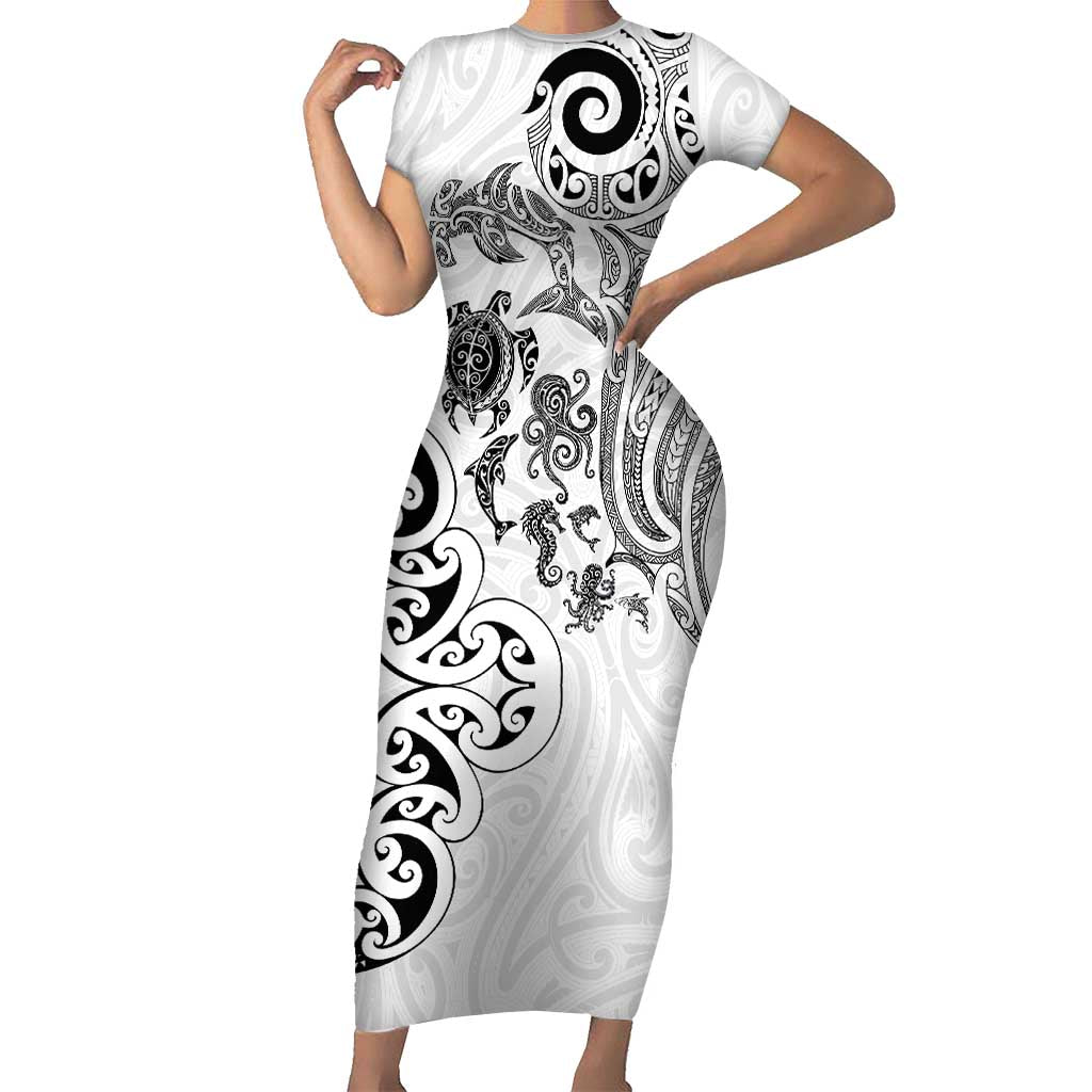 New Zealand Sea Animals with Maori Tribal Tattoo Family Matching Short Sleeve Bodycon Dress and Hawaiian Shirt White Color