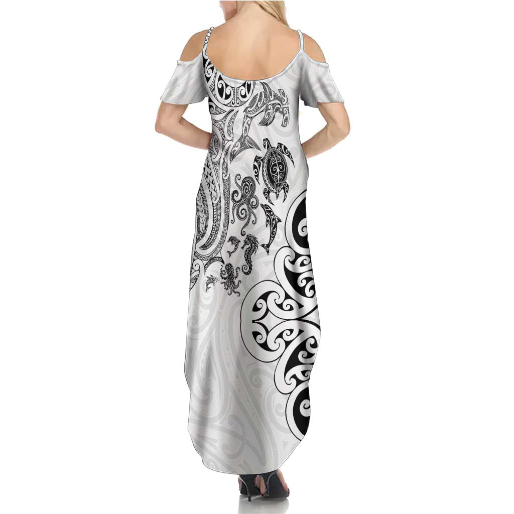 New Zealand Sea Animals with Maori Tribal Tattoo Family Matching Summer Maxi Dress and Hawaiian Shirt White Color