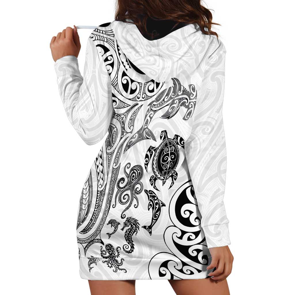 New Zealand Sea Animals with Maori Tribal Tattoo Hoodie Dress White Color