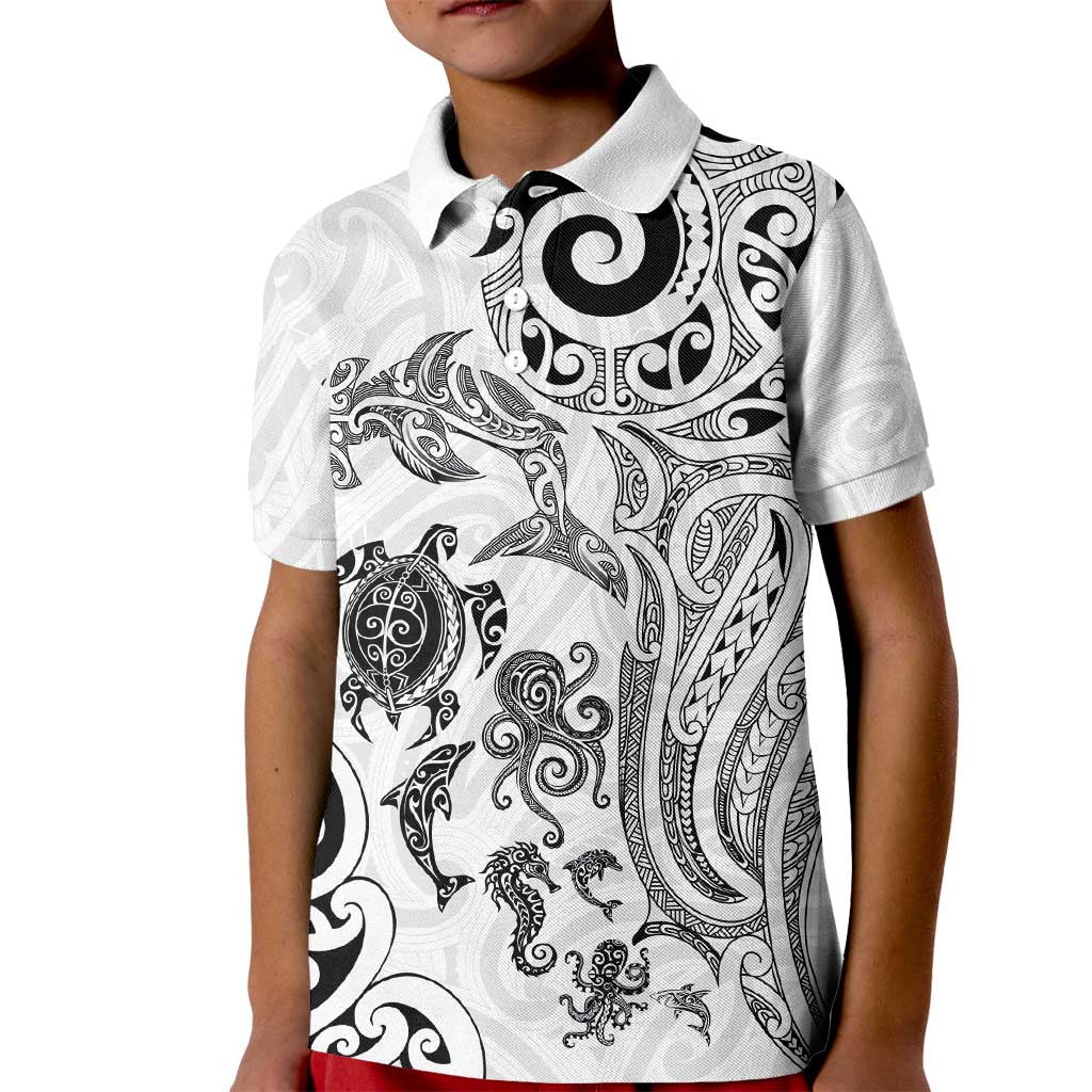 New Zealand Sea Animals with Maori Tribal Tattoo Kid Polo Shirt White Color LT03 Kid White - Polynesian Pride