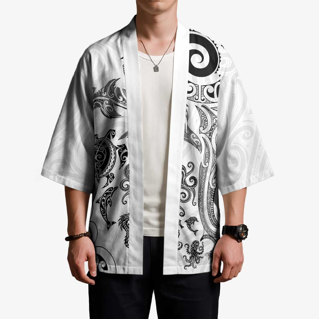 New Zealand Sea Animals with Maori Tribal Tattoo Kimono White Color LT03 - Polynesian Pride