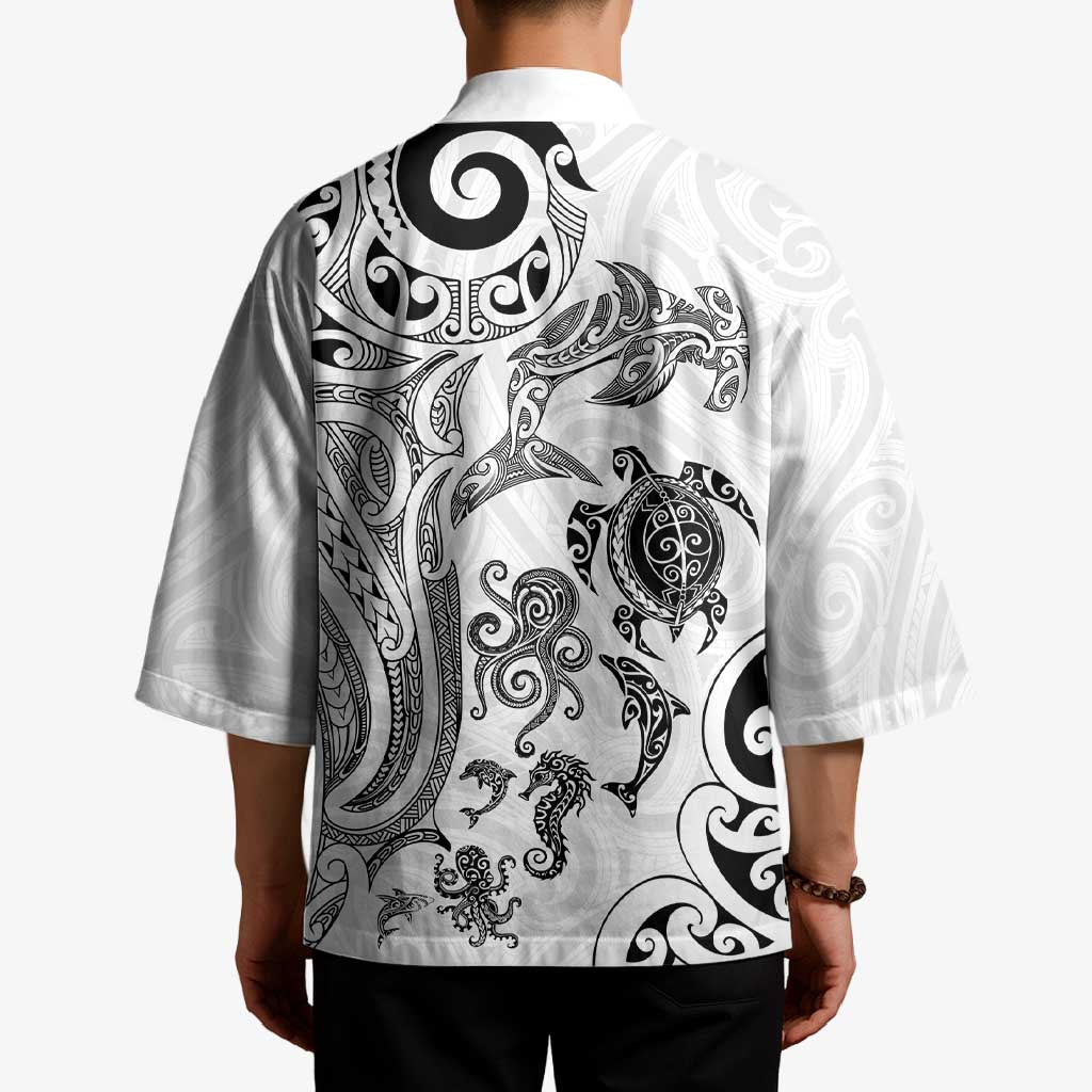 New Zealand Sea Animals with Maori Tribal Tattoo Kimono White Color LT03 - Polynesian Pride