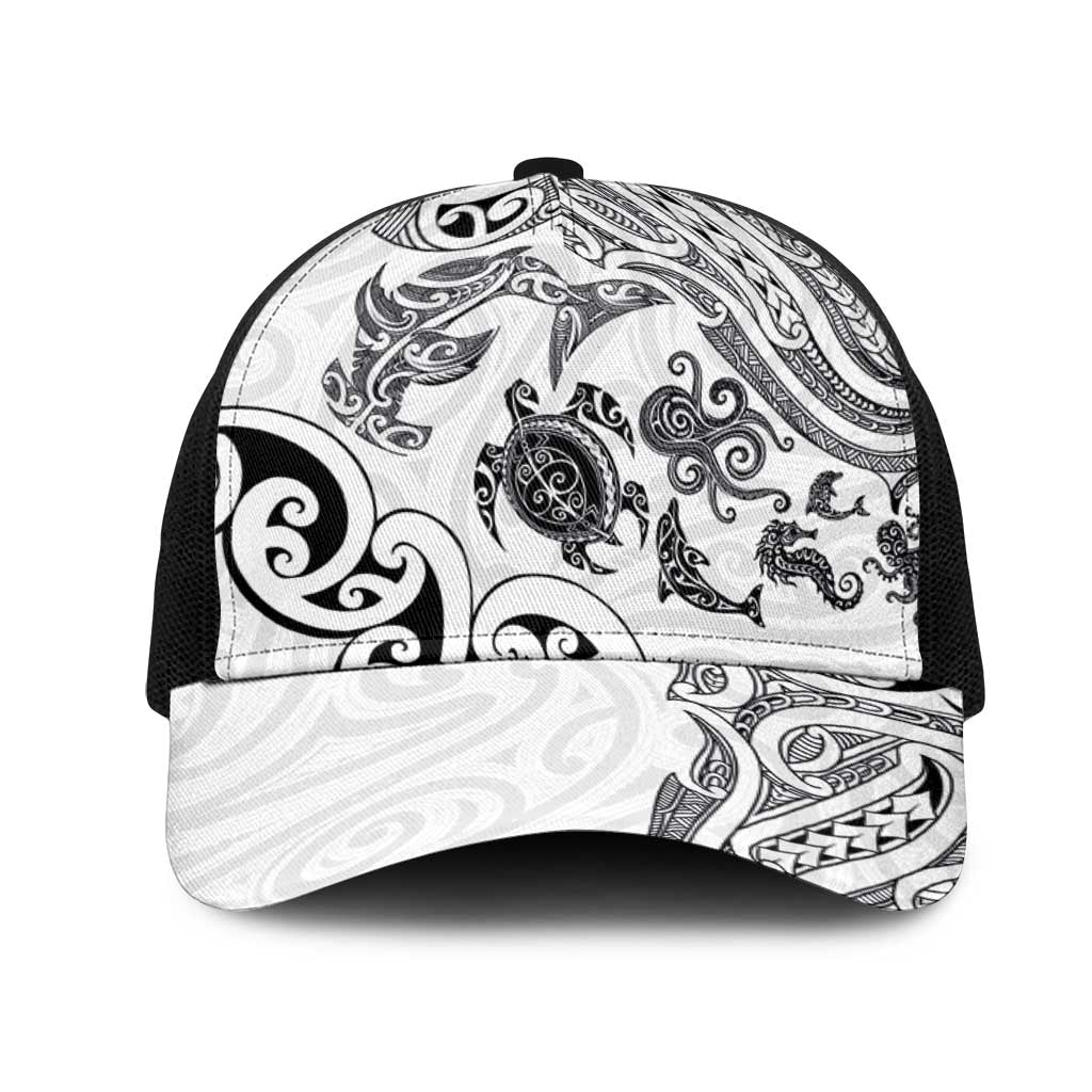 New Zealand Sea Animals with Maori Tribal Tattoo Mesh Trucker Cap White Color LT03 One Size Black White - Polynesian Pride