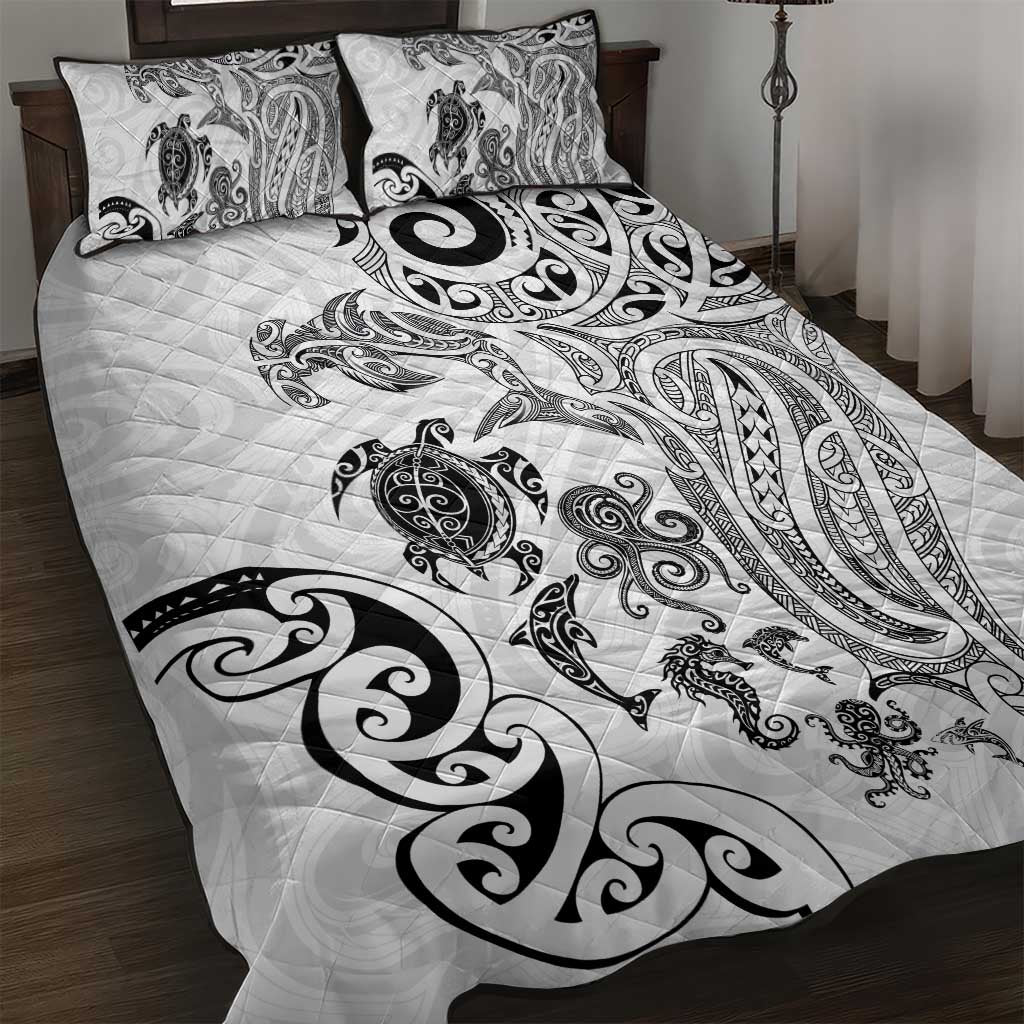 New Zealand Sea Animals with Maori Tribal Tattoo Quilt Bed Set White Color LT03 White - Polynesian Pride