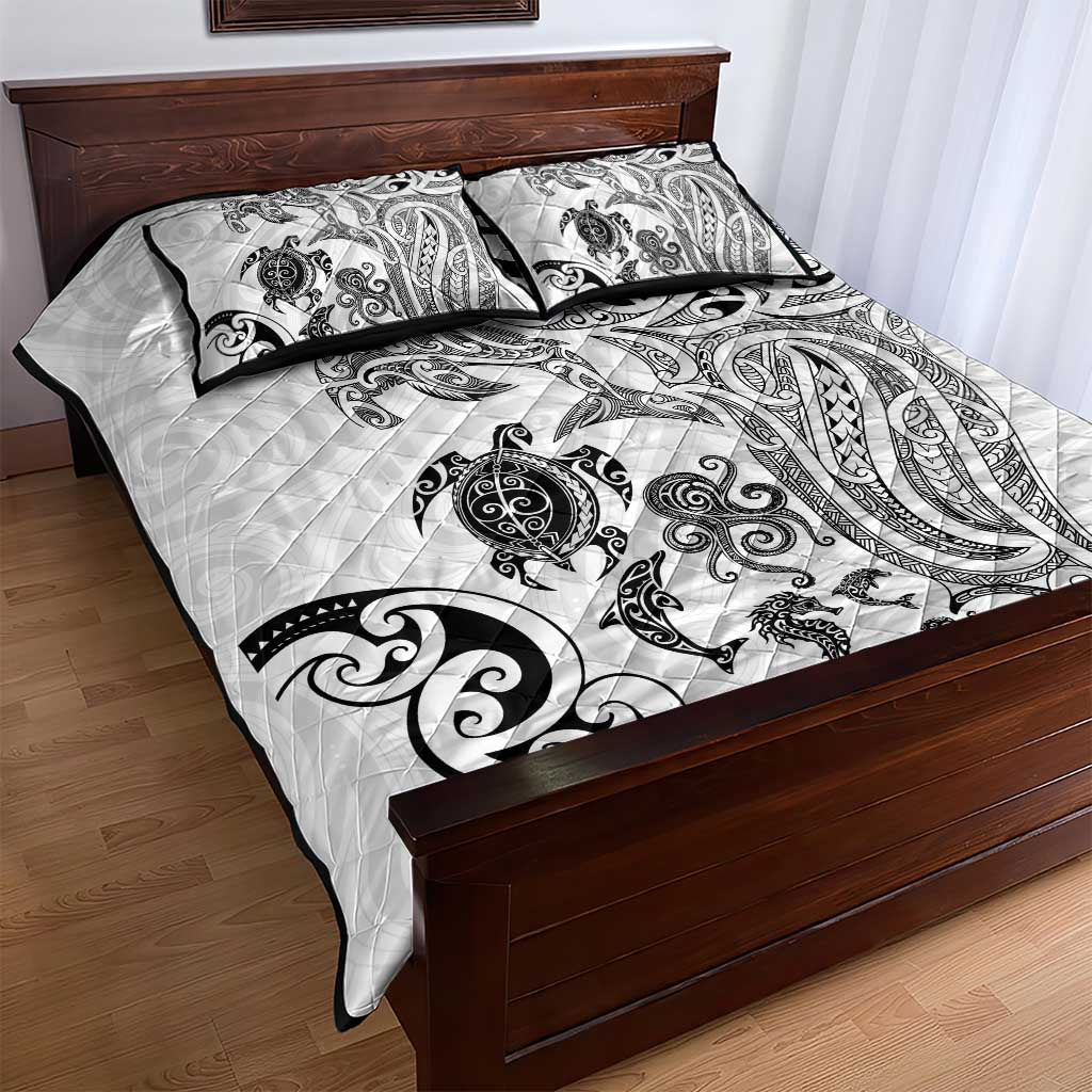 New Zealand Sea Animals with Maori Tribal Tattoo Quilt Bed Set White Color LT03 - Polynesian Pride