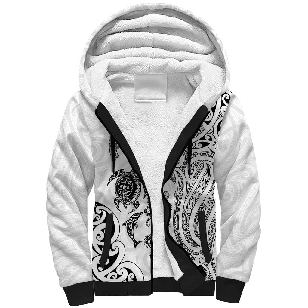 New Zealand Sea Animals with Maori Tribal Tattoo Sherpa Hoodie White Color