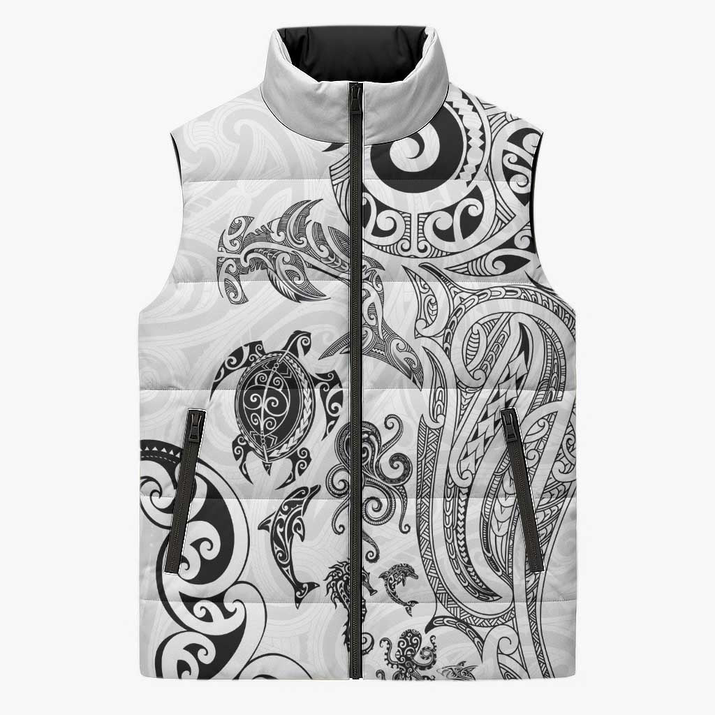 New Zealand Sea Animals with Maori Tribal Tattoo Sleeveless Puffer Jacket White Color