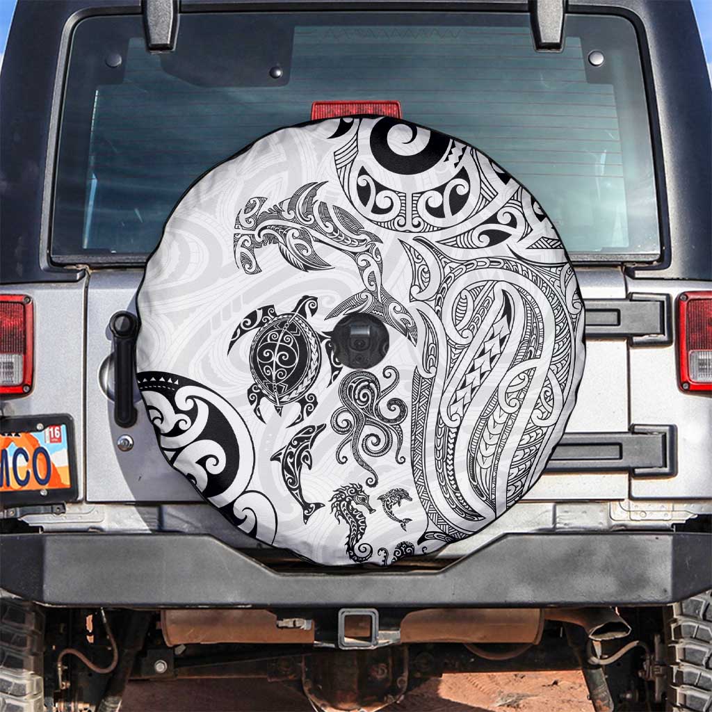 New Zealand Sea Animals with Maori Tribal Tattoo Spare Tire Cover White Color