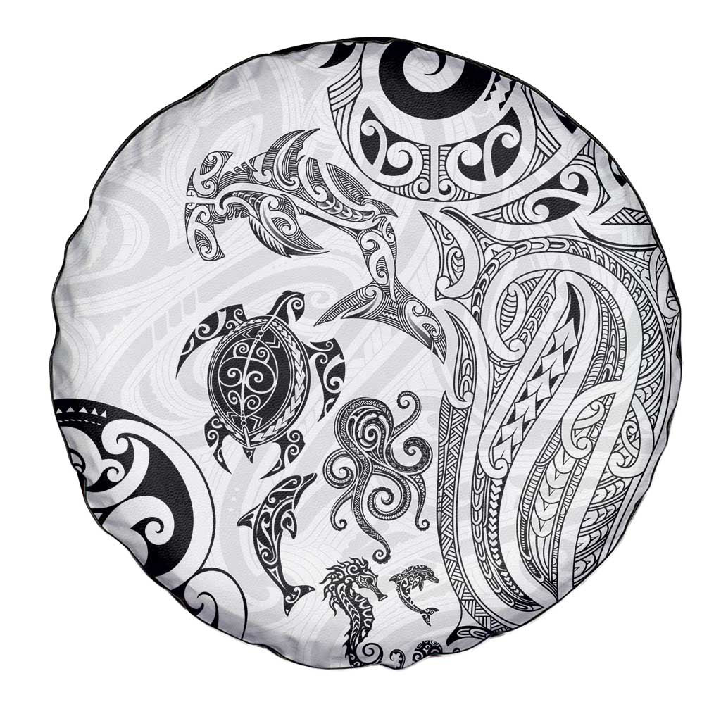 New Zealand Sea Animals with Maori Tribal Tattoo Spare Tire Cover White Color