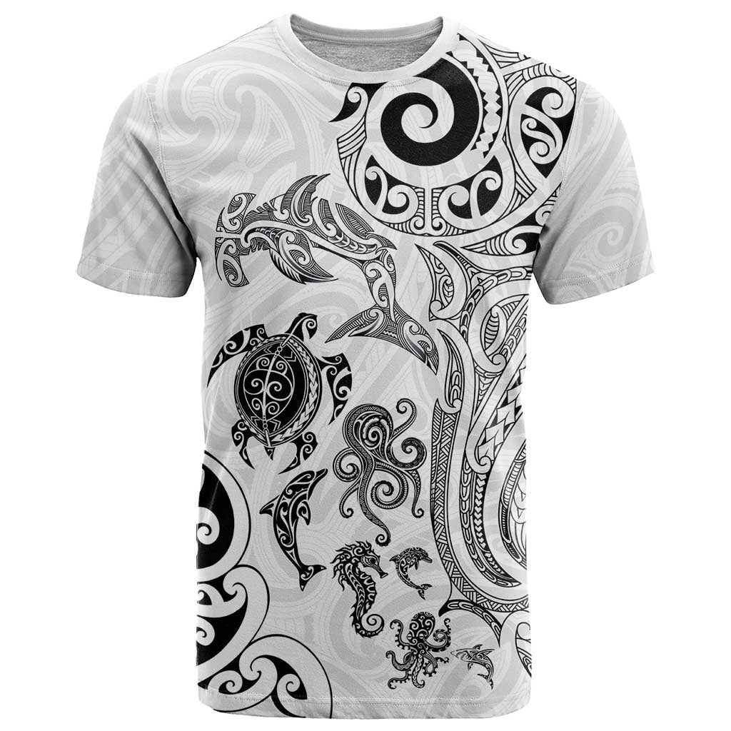 New Zealand Sea Animals with Maori Tribal Tattoo T Shirt White Color