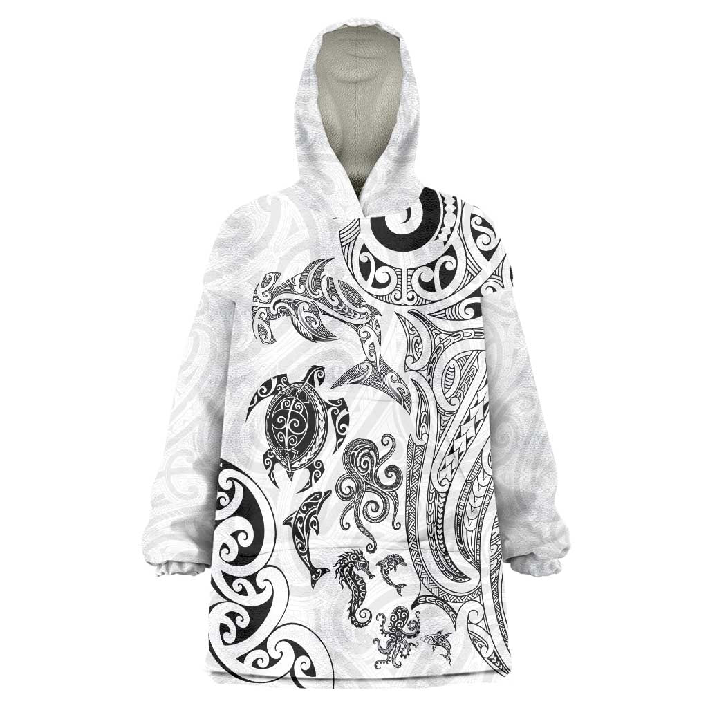 New Zealand Sea Animals with Maori Tribal Tattoo Wearable Blanket Hoodie White Color