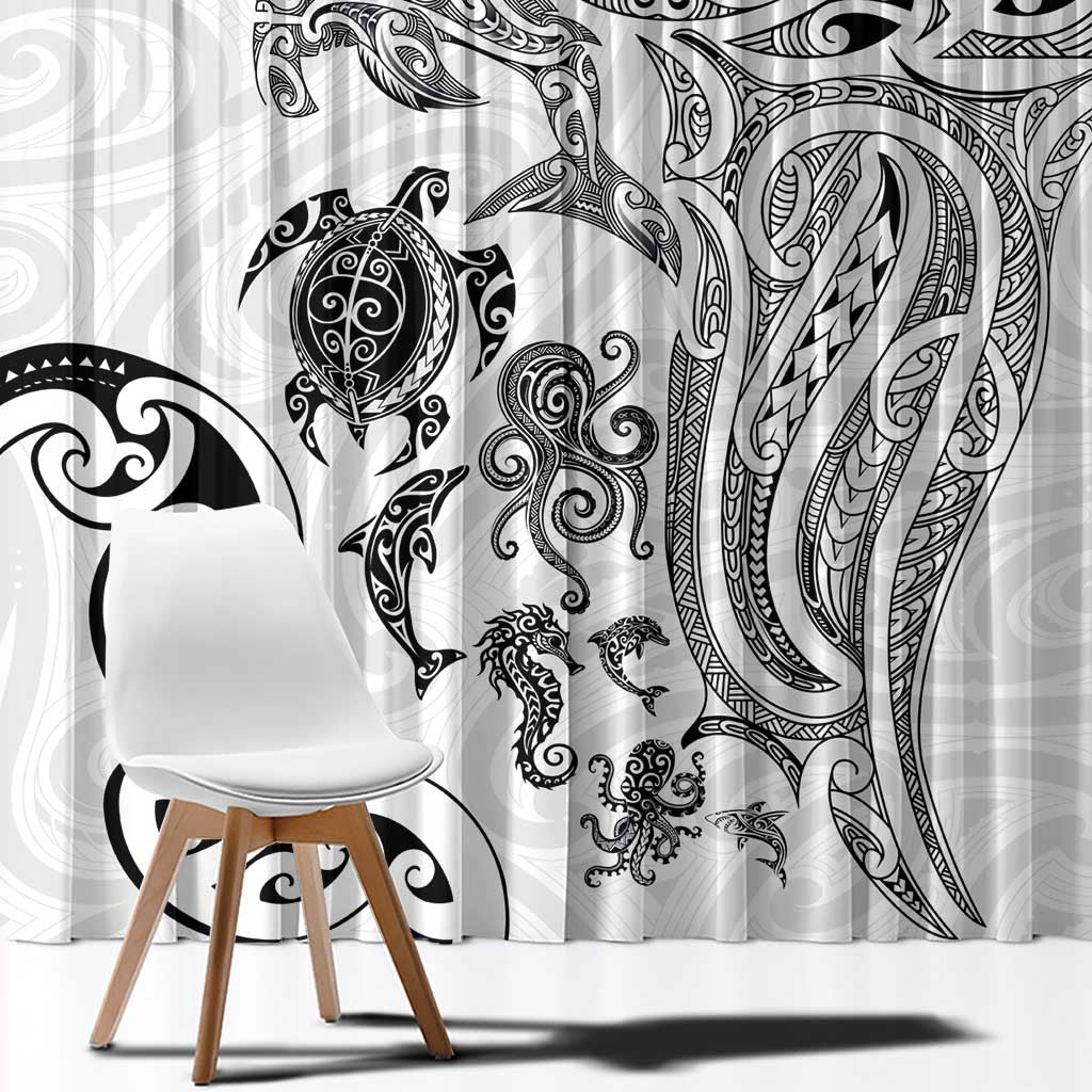New Zealand Sea Animals with Maori Tribal Tattoo Window Curtain White Color LT03 - Polynesian Pride