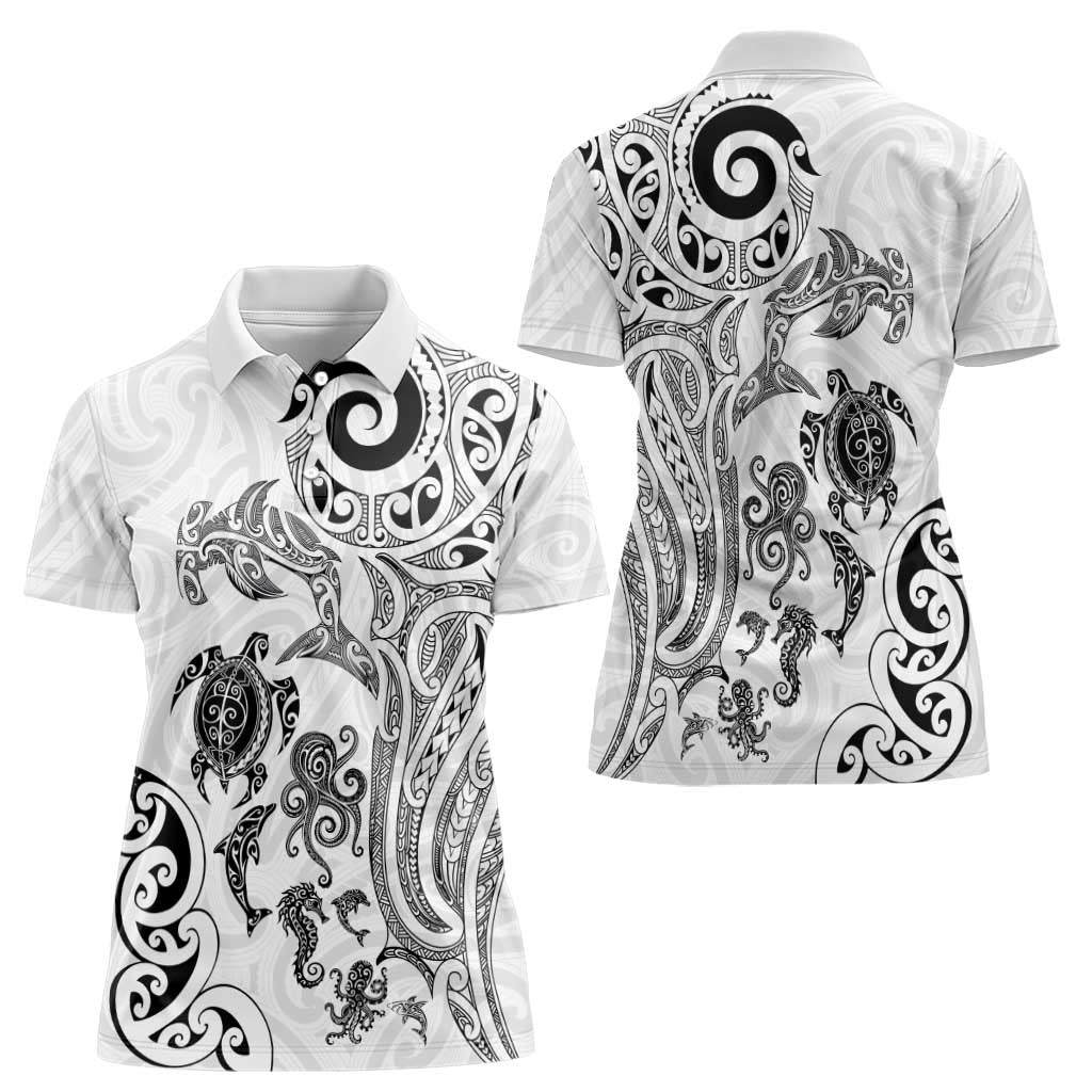 New Zealand Sea Animals with Maori Tribal Tattoo Women Polo Shirt White Color